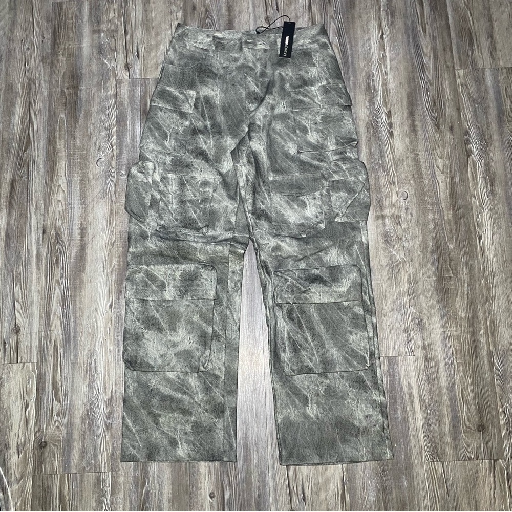 FashionNova Harvey Washed Faux Leather Gray Cargo Pants Size L Black